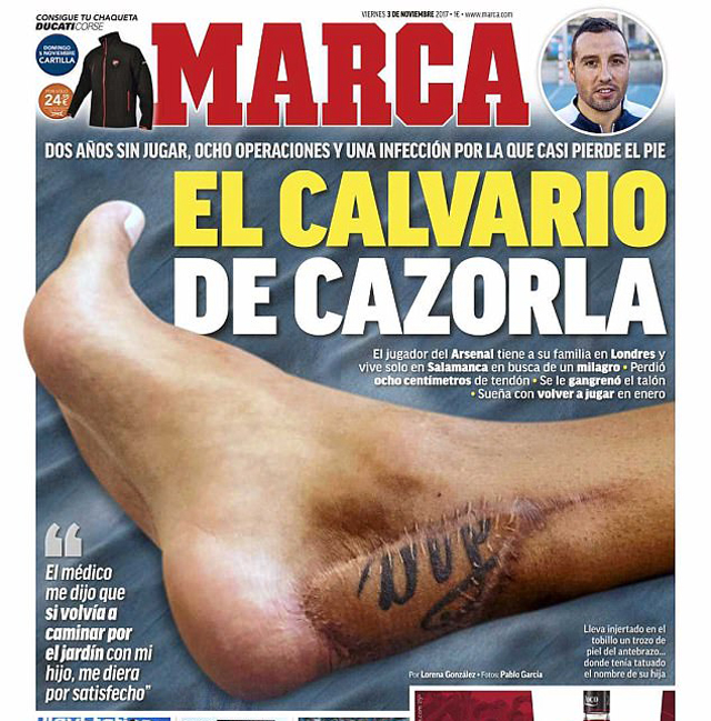 Chấn thương đáng sợ của Cazorla được đưa lên trang nhất tờ Marca