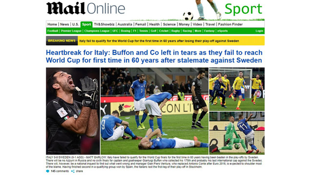  Daily Mail (Anh): Đau lòng Italia: Buffon và đồng đội ra về trong nước mắt khi thất bại trong việc giành vé tới World Cup lần đầu tiên sau 60 năm.