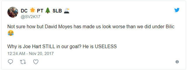 Không chắc lắm nhưng Moyes làm West Ham tồi tệ hơn cả dưới thời Bilic. Tại sao Joe Hart vẫn đứng trong khung gỗ? Anh ta thật vô dụng