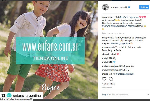 Antonella quảng cáo thương hiệu Enfans trên tài khoản Instagram của mình