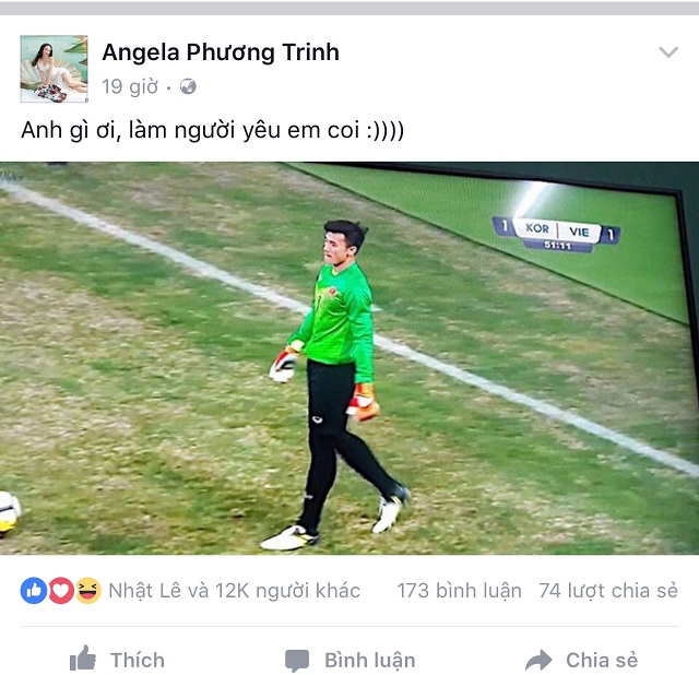 Angela Phương Trinh công khai tỏ tình với thủ môn Bùi Tiến Dũng sau trận đấu với U23 Iraq