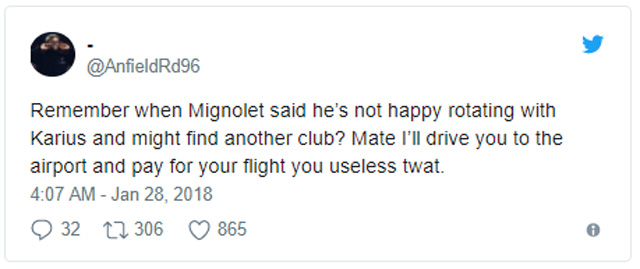 Còn nhớ Mignolet từng nói không hạnh phúc khi bị xoay vòng với Karius và muốn ra đi? Nếu điều đó xảy ra, tôi sẽ đón Mignolet tận nơi, đưa ra sân bay và trả tiền cho chuyến bay đó