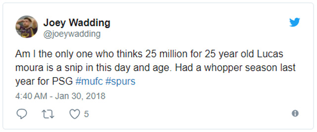 Có phải tôi là người duy nhất nghĩ 25 triệu bảng cho cầu thủ 25 tuổi như Moura là món hàng rẻ trong thời đại này? Anh ấy đã có một năm trước tuyệt vời cùng PSG.