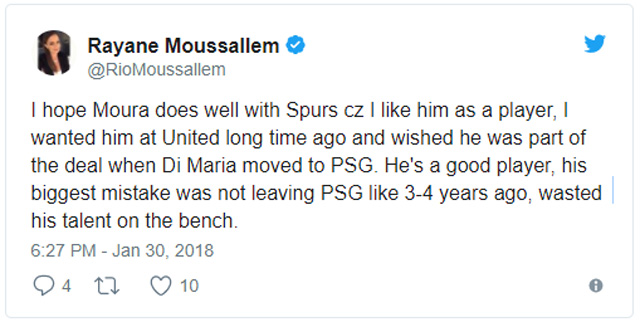 Tôi hy vọng Moura sẽ thi đấu tốt ở Tottenham. Tôi muốn Moura gia nhập M.U từ lâu và ước anh ấy là một phần của hợp đồng khi Di Maria tới PSG. Moura là một cầu thủ giỏi, sai lầm lớn nhất của anh ấy là không rời PSG từ 3-4 năm trước và để tài năng bị lãng phí trên băng ghế dự bị.
