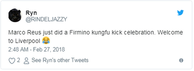 Reus vừa làm pha ăn mừng kung-fu của Firmino. Chào mừng anh đến với Liverpool