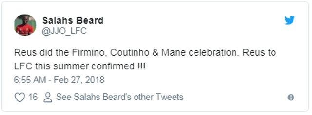 Reus đã thực hiện pha ăn mừng của Firmino, Coutinho và Mane. Việc Reus đến Liverpool vào mùa hè này đã được xác nhận!!!
