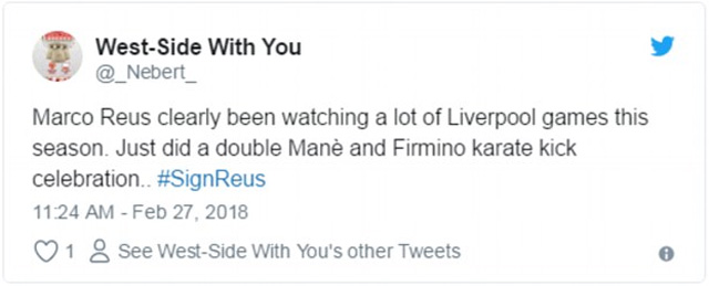 Marco Reus rõ ràng đã xem nhiều trận của Liverpool ở mùa này. Anh ấy vừa làm cú kung-fu giống Mane và Firmino...
