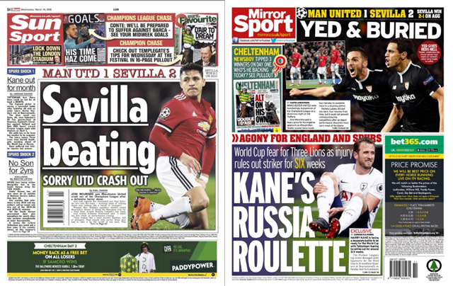 Tờ Sun giật tít trực diện về thất bại ê chề của M.U trước Sevilla, trong khi đó Mirror tóm tắt: 
