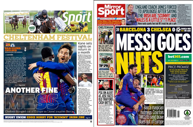 Không chỉ báo giới Tây Ban Nha, kể cả báo giới Anh cũng thừa nhận Messi là sự khác biệt giữa Barca và Chelsea