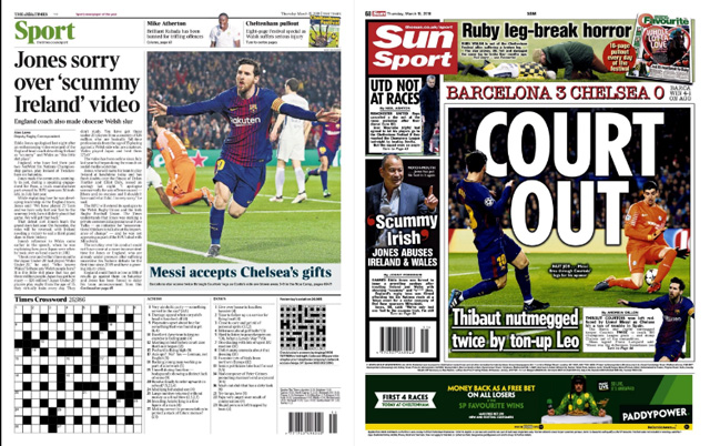 Tờ Sun chơi chử Court Out dựa trên cảm hứng từ việc Messi hai lần xâu kim Courtois để ghi bàn