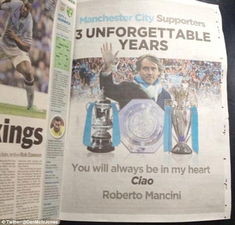 Mancini tri ân fan Man City trên Manchester Evening News