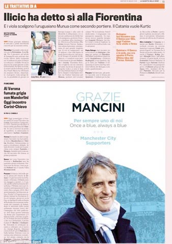 Fan Man City cảm ơn Mancini trên La Gazzetta dello Sport