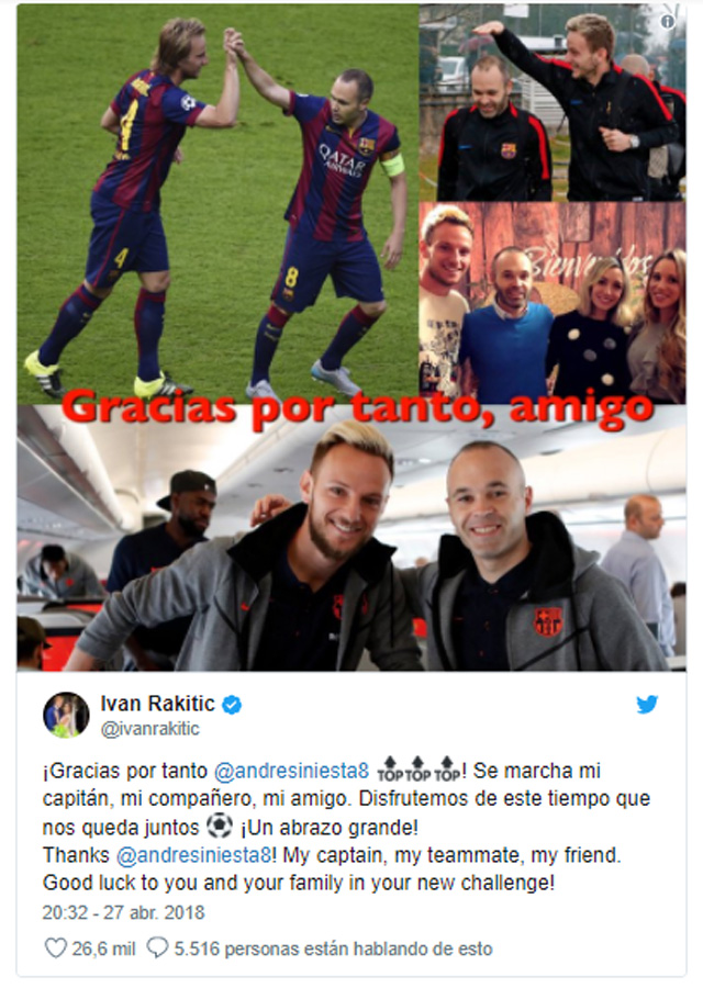 Ivan Rakitic gửi lời chúc tới Iniesta: 