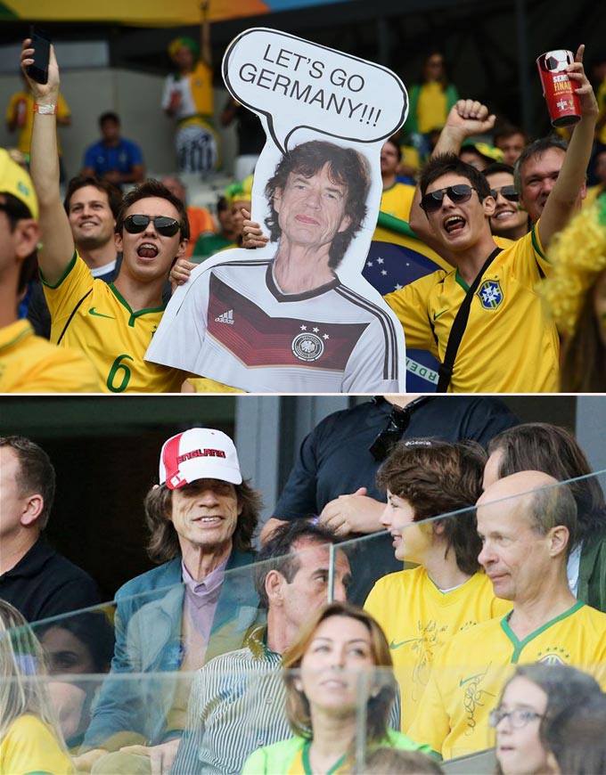 Bán kết World Cup 2014, fan Brazil chế ảnh Jagger cổ vũ Đức nhưng thực tế thì danh ca này lại chung chiến hào với fan Brazil