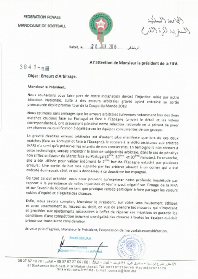 Lá thư LĐBĐ Morocco khiếu nại lên FIFA