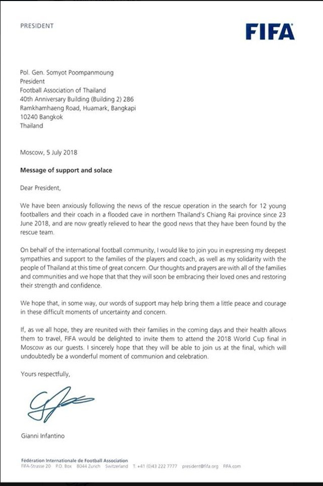 Toàn văn bức thư Chủ tịch FIFA gửi Chủ tịch LĐBĐ Thái Lan