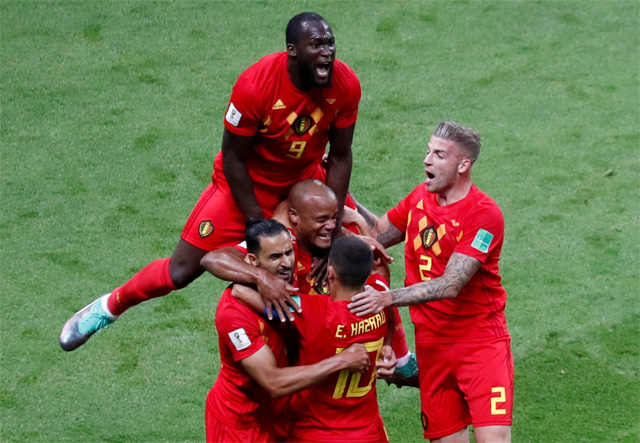Các cầu thủ Bỉ ăn mừng chiến thắng đầy bất ngờ trước Brazil