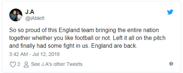 Rất rất tự hào về cách ĐT Anh kết nối đất nước với nhau dù có yêu bóng đá hay không. Hãy để tất cả lại trên sân cỏ và cuối cùng cũng có tinh thần chiến đấu trong chúng ta. Nước Anh đang trở lại