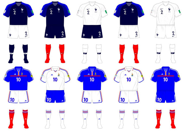 Trang phục của ĐT Pháp tại World Cup 2018 (trên) so vói EURO 2000 (dưới)
