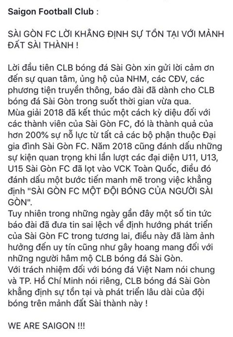 Thông báo từ trang facebook của Sài Gòn FC