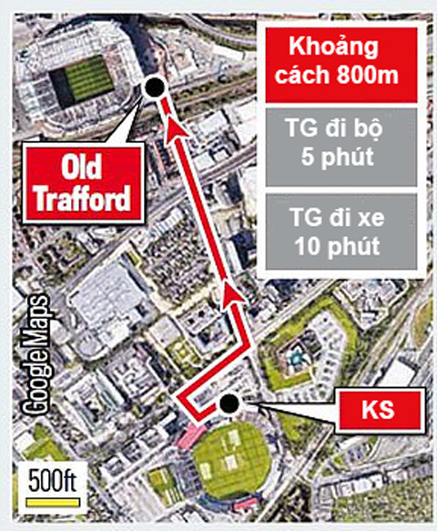 Bản đồ từ khách sạn nơi M.U đóng quân tới sân Old Trafford