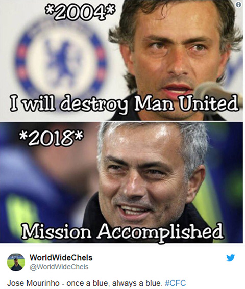Tài khoản @WorldWideChels nhận định Mourinho thành công trong việc hủy hoại M.U bởi trái tim ông chỉ có mỗi Chelsea