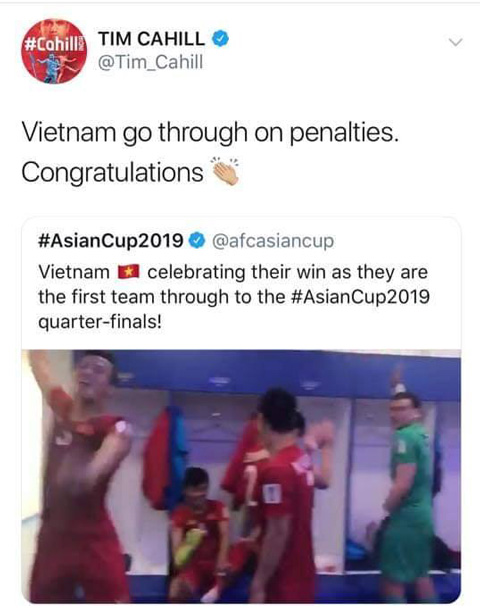 Cahill chúc mừng chiến thắng của ĐT Việt Nam trên twitter