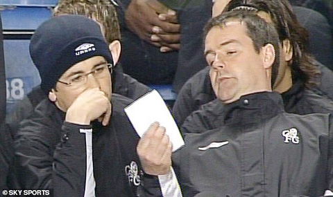 Faria (trái) nhận chỉ đạo từ xa của Mourinho  qua tai nghe giấu trong mũ len
