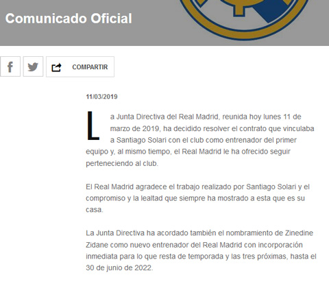 Thông báo của Real Madrid về việc chấm dứt hợp đồng với Solari và ký hợp đồng với Zidane