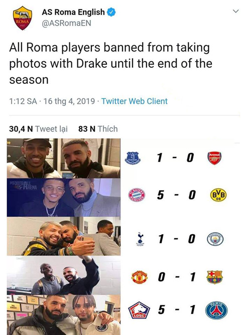Vận rủi của Drake với các cầu thủ bóng đá khiến Roma ra quy định các cầu thủ không được chụp ảnh với anh