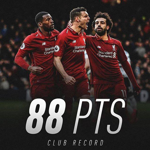 Liverpool đã đạt mốc 88 điểm, số điểm cao nhất mà họ từng có trong kỷ nguyên Premier League