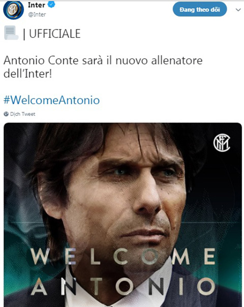 Conte chính thức trở thành HLV trưởng của Inter Milan