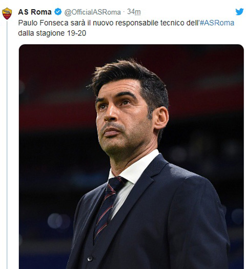 Thông báo bổ nhiệm HLV Fonseca trên Twitter của AS Roma