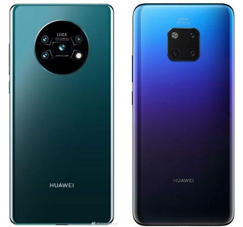 Huawei Mate 30 (trái) có cách bố trí camera trên cụm tròn, thay vì cụm vuông như trên Mate 20 Pro (phải)