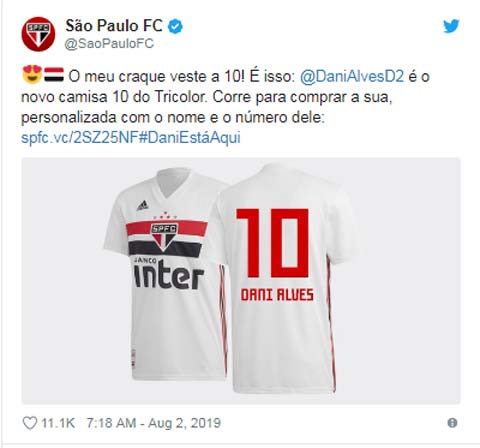 Sao Paulo thông báo Alves sẽ mặc áo số 10