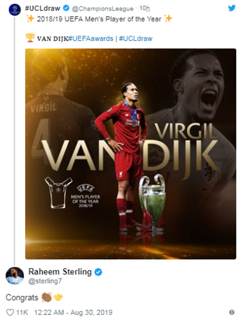 Sterling chúc mừng Van Dijk
