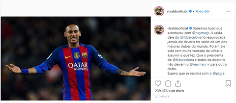 Mong muốn trở về Barca của Neymar chỉ được gián tiếp thể hiện trên tài khoản Instagram của Rivaldo