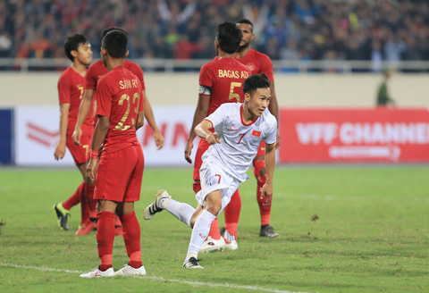 Việt Hưng ăn mừng bàn thắng vào lưới U23 Indonesia tại vòng loại U23 châu Á 2020 Ảnh: ĐỨC CƯỜNG