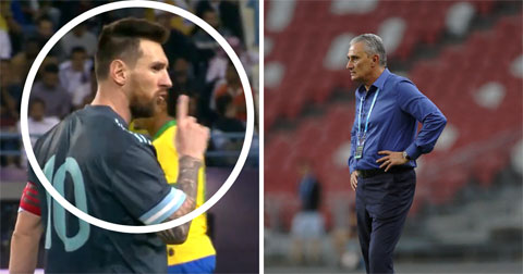 Tình huống Messi ra dấu để HLV Tite của Brazil nói ít hơn