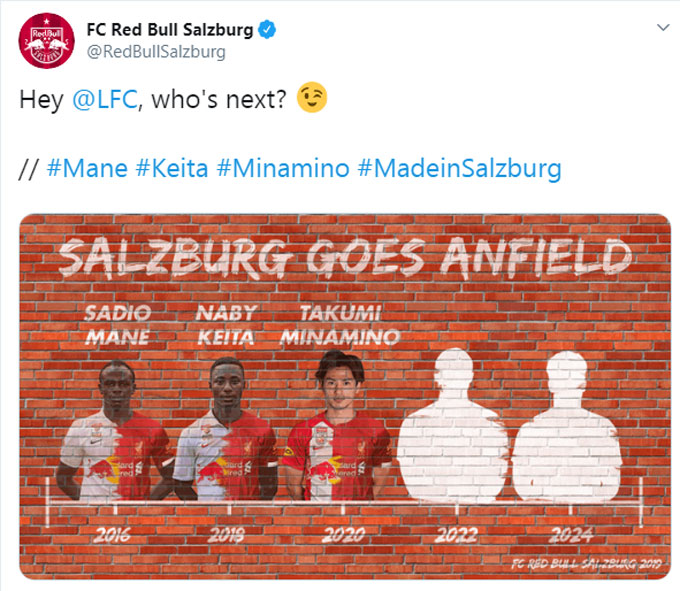 Salzburg trêu đùa Liverpool trên Twitter