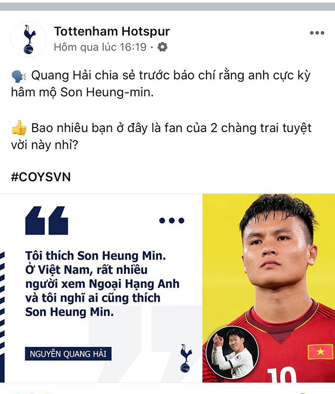 Trang chủ của Tottenham đăng tin phát biểu của Quang Hải về Son Heung Min 