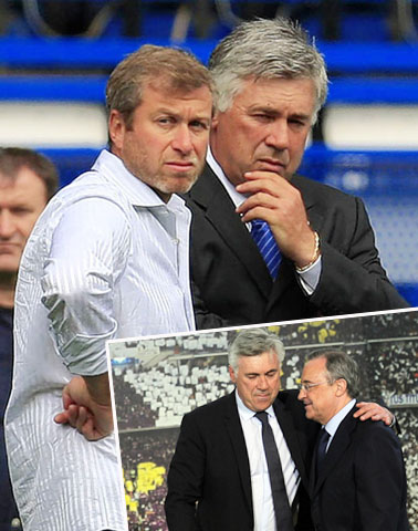 Carlo Ancelotti không bao giờ oán những ông chủ đã sa thải mình như Perez (dưới) hay Abramovich