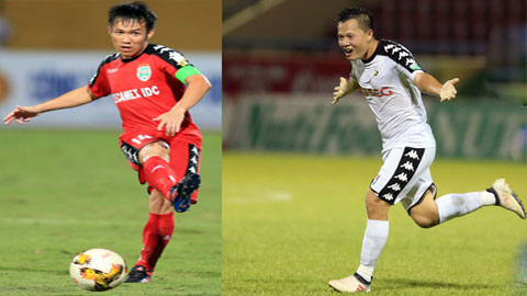 Tấn Tài (trái) và Thành Lương, những cầu thủ thuộc “Thế hệ vàng 2008” hiện vẫn thi đấu trong màu áo HL Hà Tĩnh và Hà Nội FC 	Ảnh: ĐỨC CƯỜNG