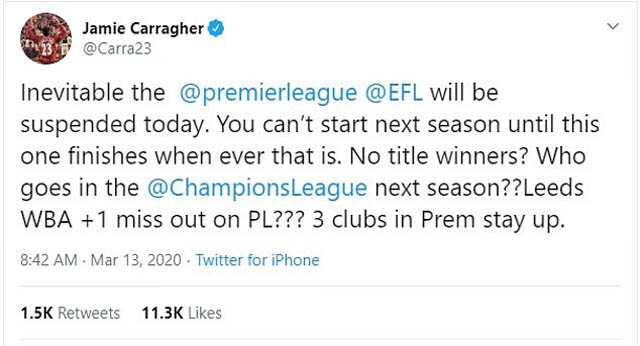 Cựu hậu vệ Jamie Carragher đặt câu hỏi điều gì sẽ xảy ra tiếp theo sau khi Ngoại hạng Anh phải tạm hoãn tới ngày 3/4