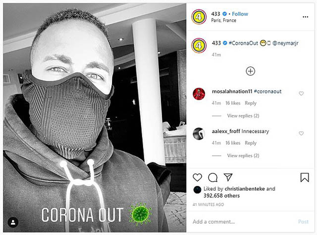 Bức ảnh đeo khẩu trang chống virus Corona của tiền đạo Neymar (PSG) nhận được hơn 400.000 lượt thích