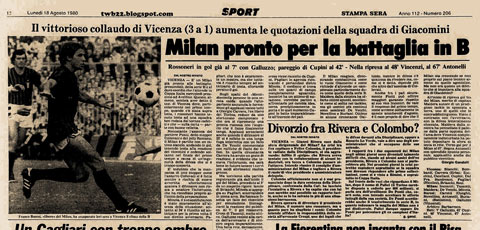 Báo chí đưa tin Milan xuống hạng vì scandal Totonero