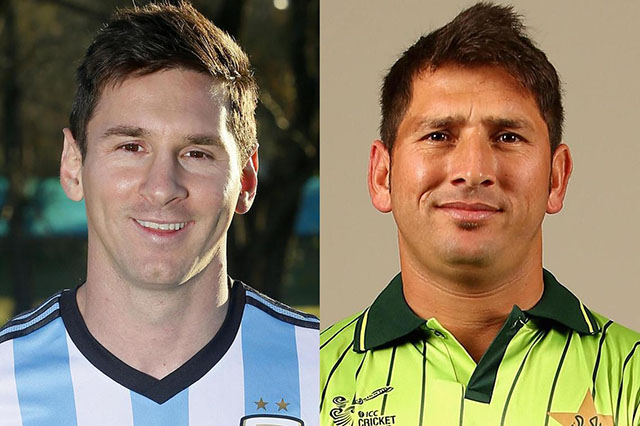 Siêu sao Lionel Messi (Barcelona) và cầu thủ môn cricket Yasir Sha (Pakistan)