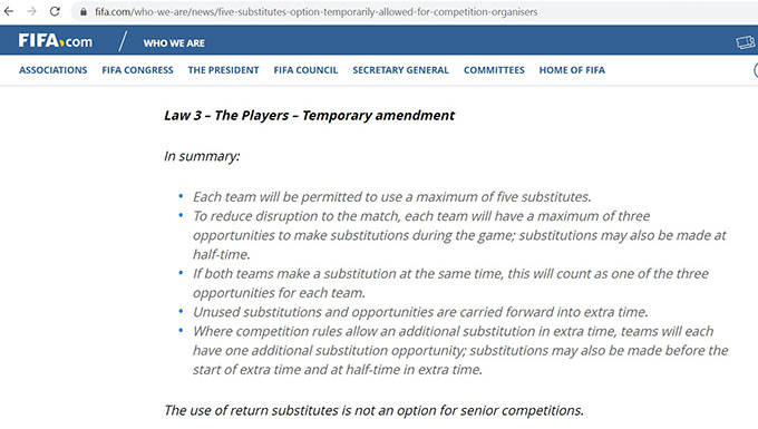 Điều khoản luật thay người được điều chỉnh do FIFA công bố 