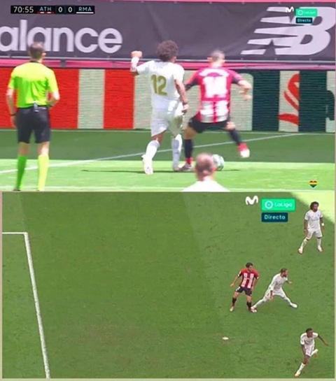 Ramos giẩm chân đối thủ, không có penalty. Cầu thủ Bilbao giẫm chân Marcelo, lập tức Real được hưởng phạt đền