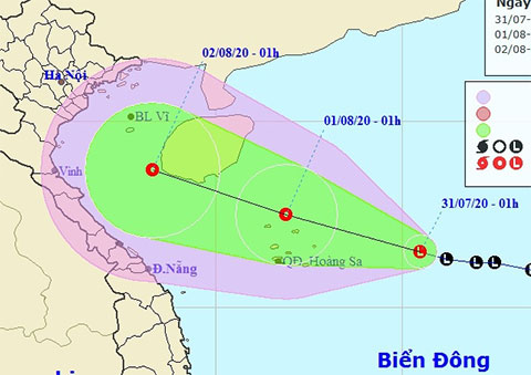 Dự báo đường đi của vùng áp thấp trên Biển Đông trong 48 giờ tới. Ảnh: NCHMF.